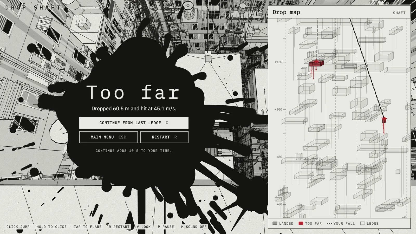 A crash: a splash of ink and Too far, beside a drop map of the fall