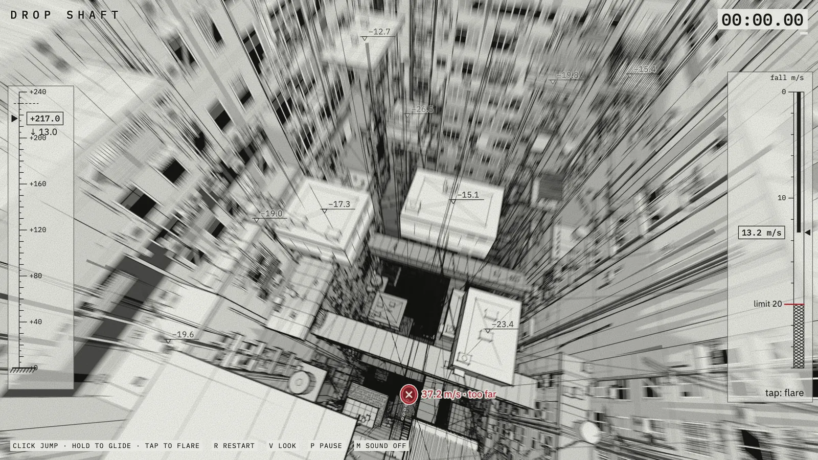 Falling down the shaft by day, the towers drawn in ink, the speed and height gauges at the sides