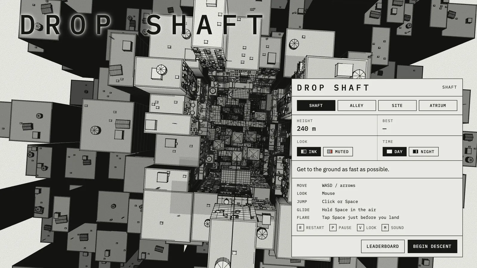 The title sheet: DROP SHAFT over the towers, the districts and the controls