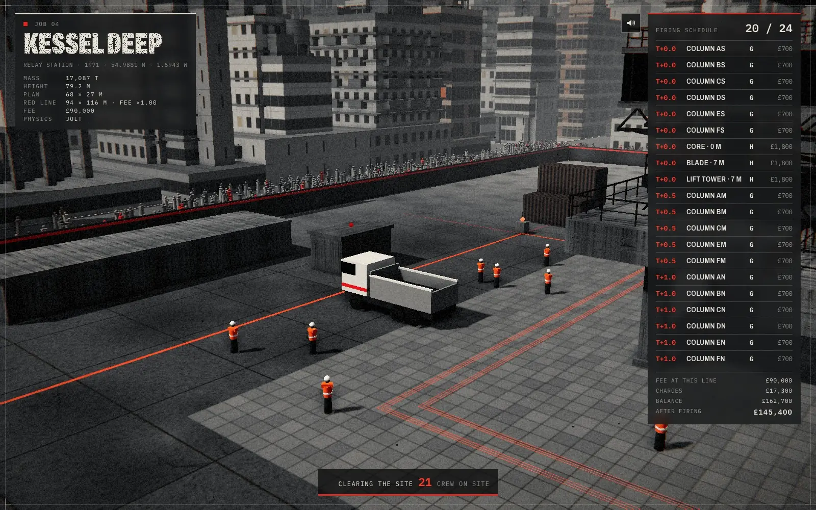 The site being cleared before the blast: the crew in hi-vis heads for the shelters as a truck pulls out across the red line