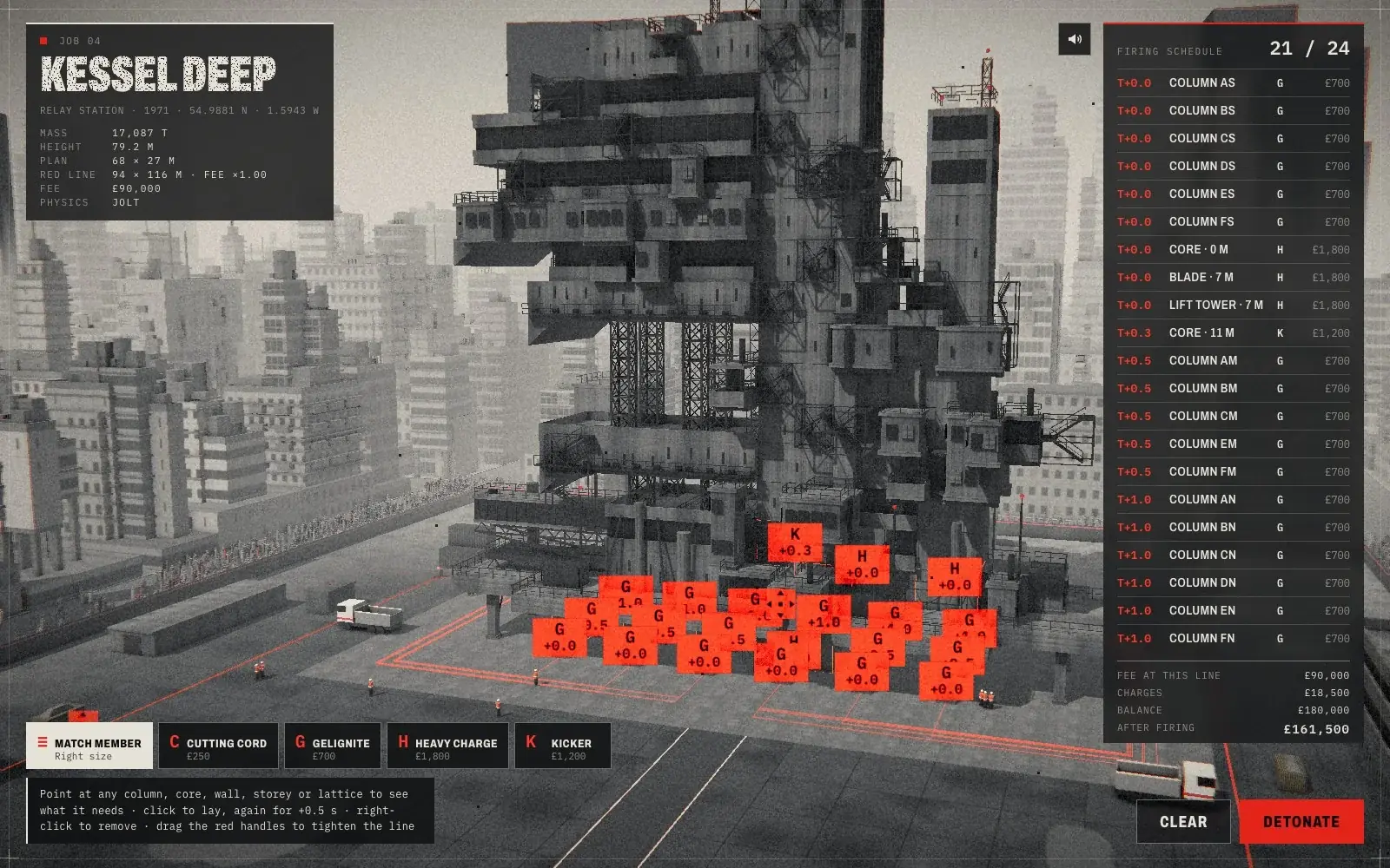 Planning a demolition in Brutapolis: red charges laid on the columns of Kessel Deep, the firing schedule beside it