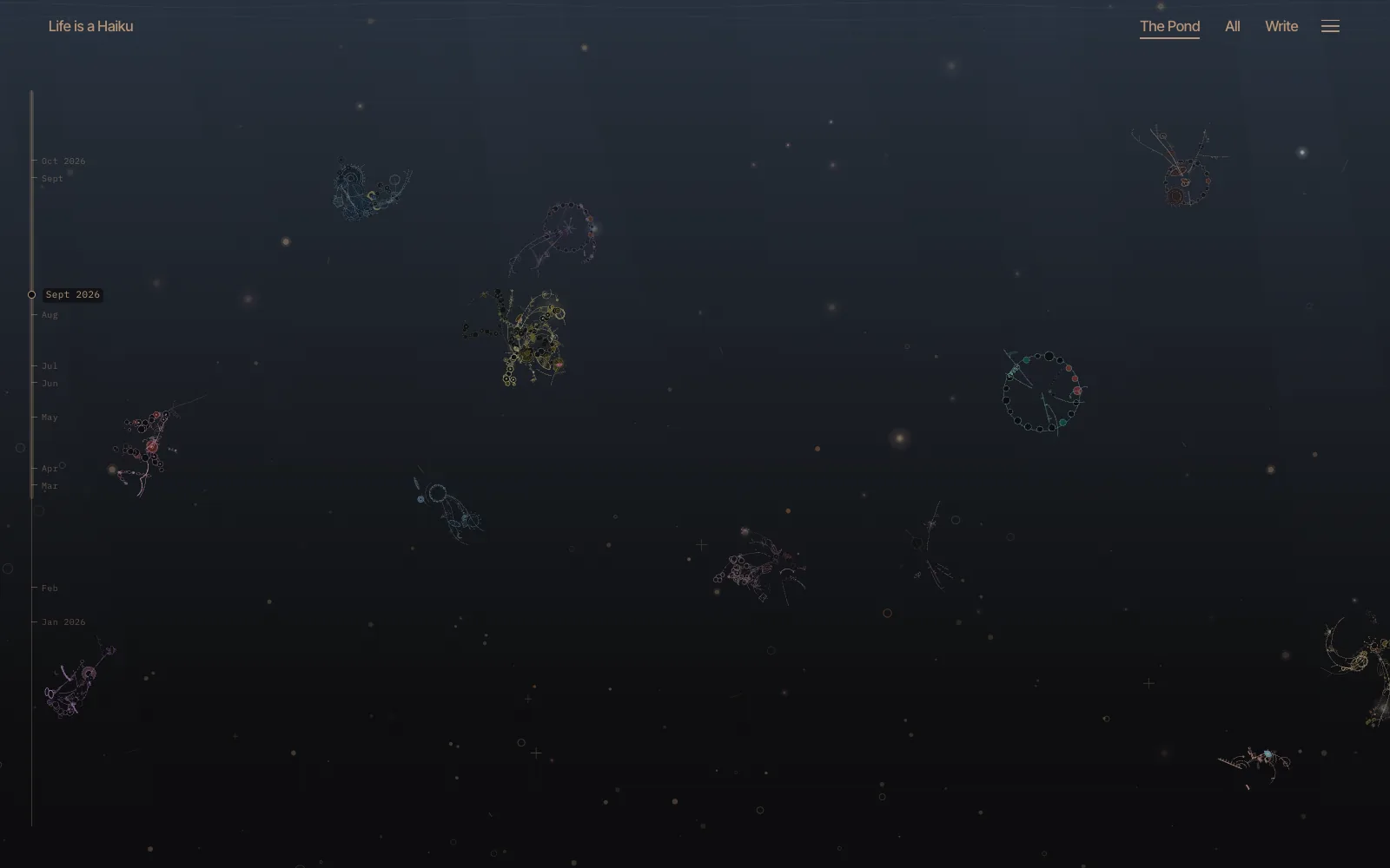 The Pond: every haiku as a small drawn creature, drifting in dark water