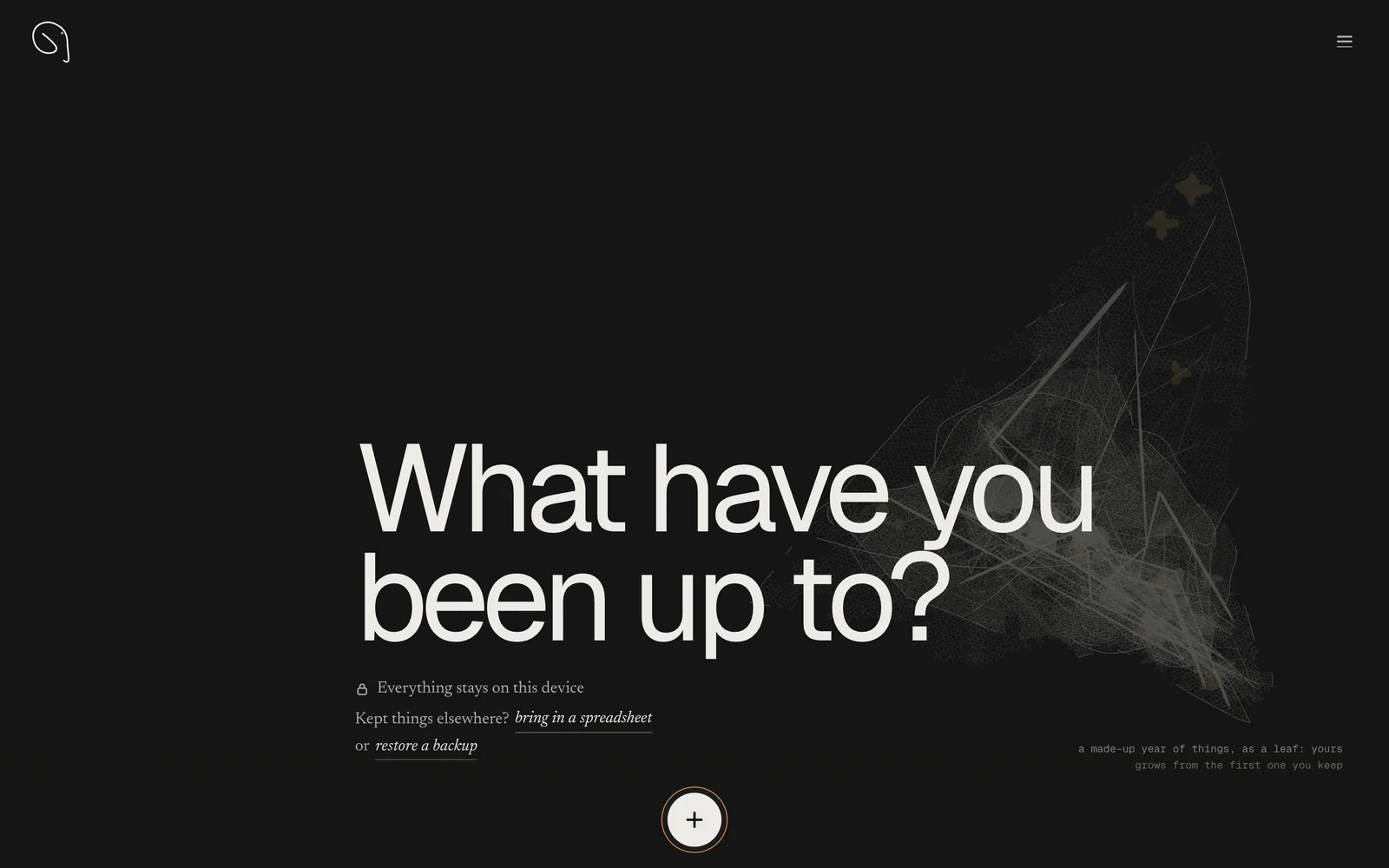 memfolia's first screen, asking what have you been up to?